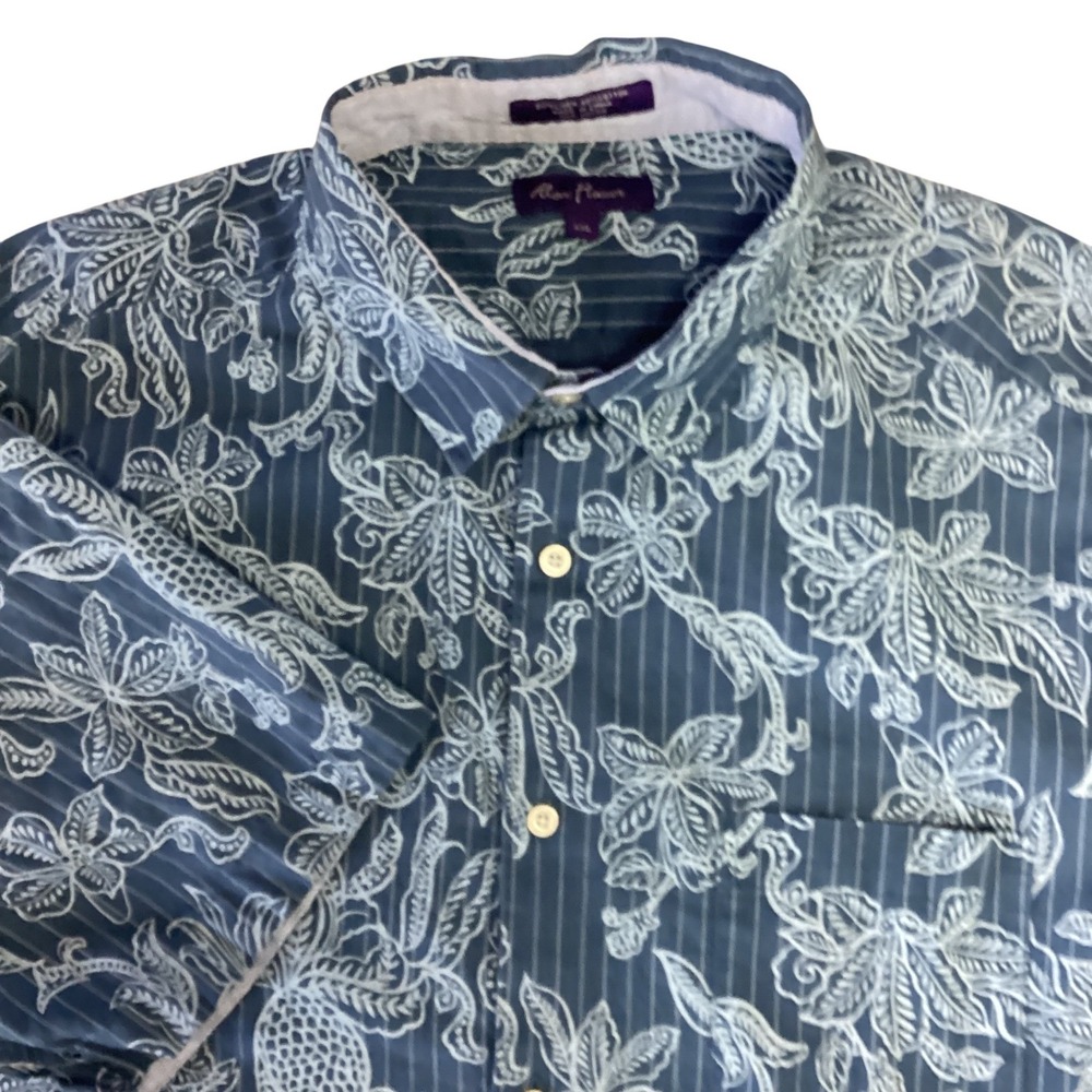 Alan Flusser Mens‎ XXL Blue Tropical Pineapple Linen Cotton Button Down Shirt